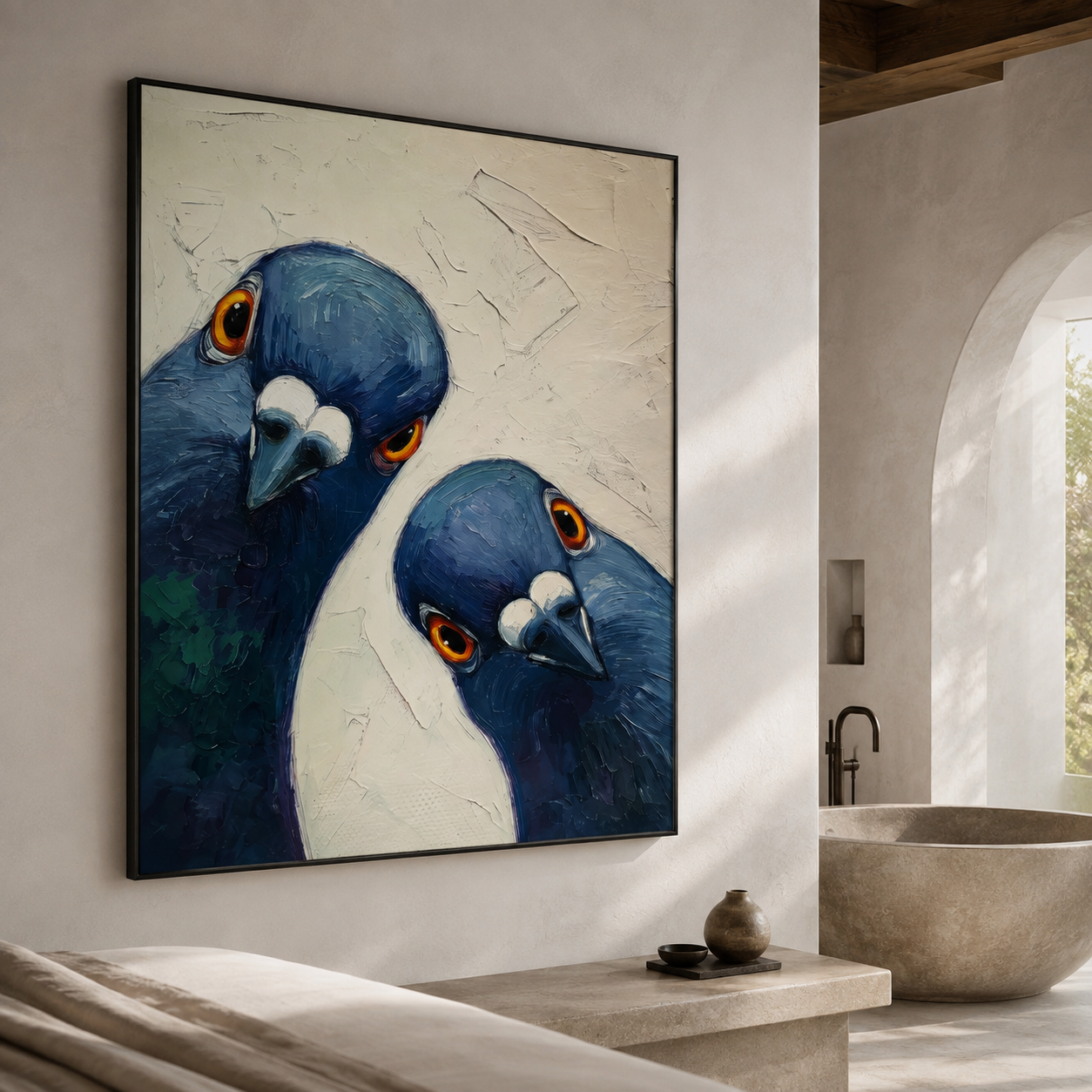 Curious Pair - Impasto Blue Pigeons Close-Up Canvas Wall Art
