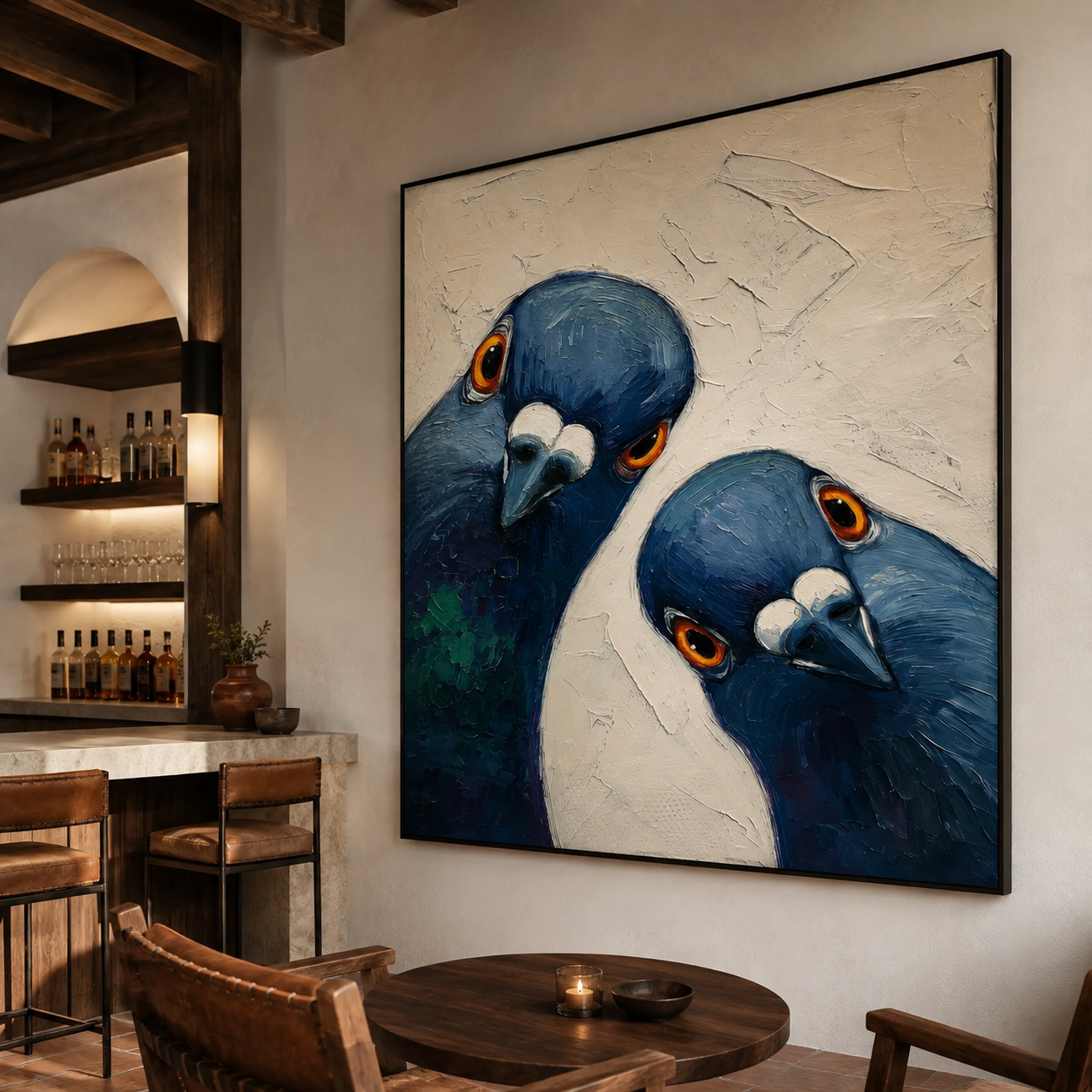 Curious Pair - Impasto Blue Pigeons Close-Up Canvas Wall Art