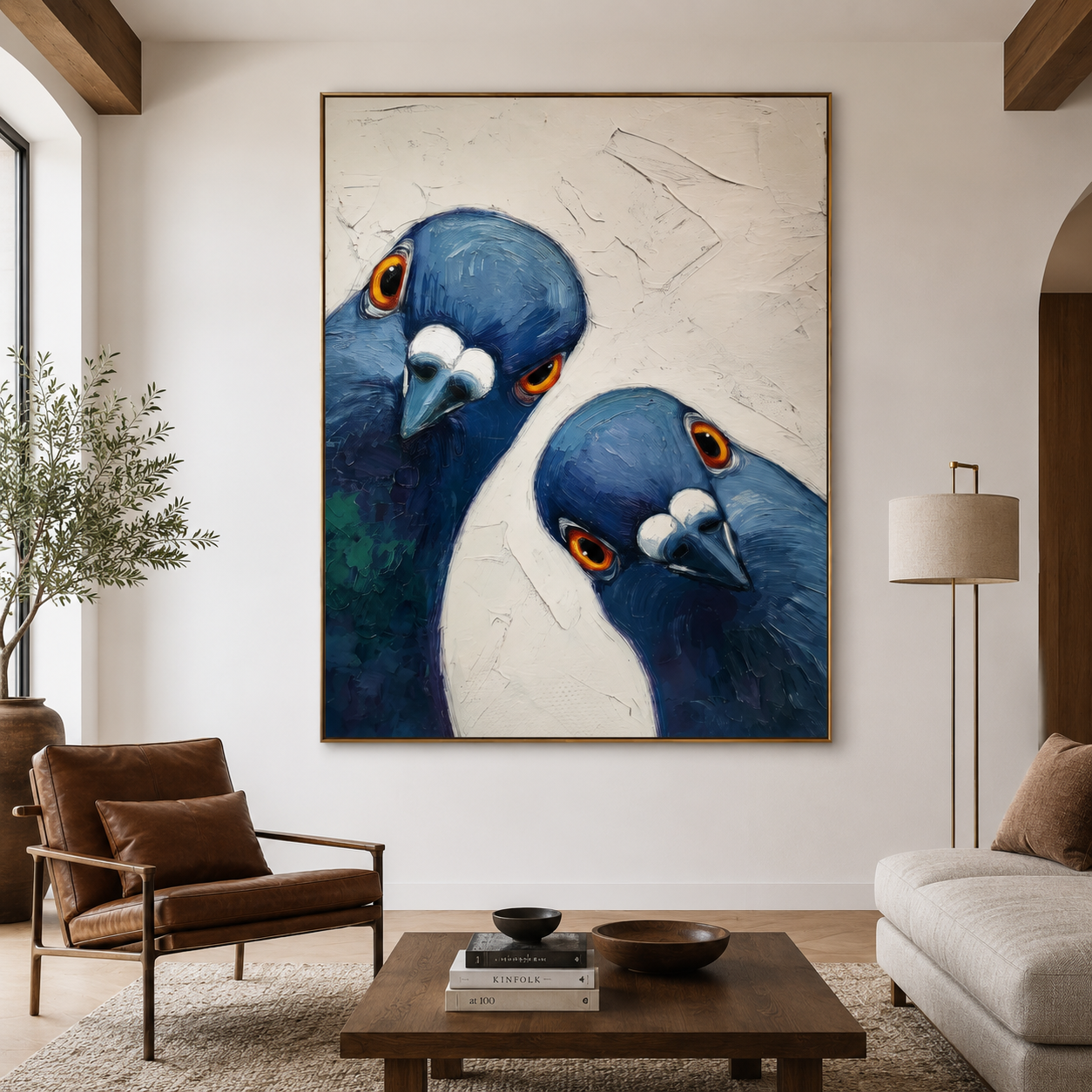 Curious Pair - Impasto Blue Pigeons Close-Up Canvas Wall Art