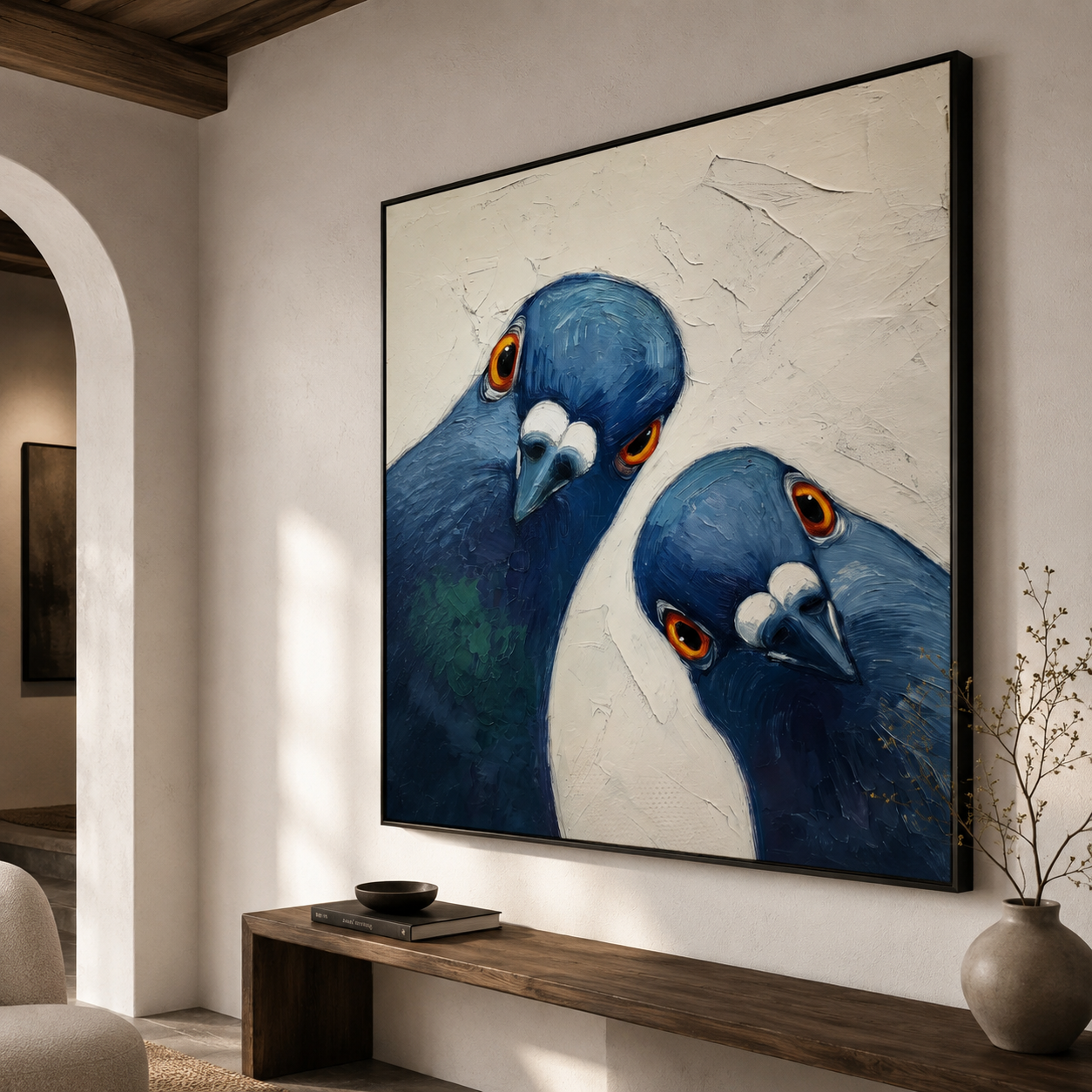Curious Pair - Impasto Blue Pigeons Close-Up Canvas Wall Art