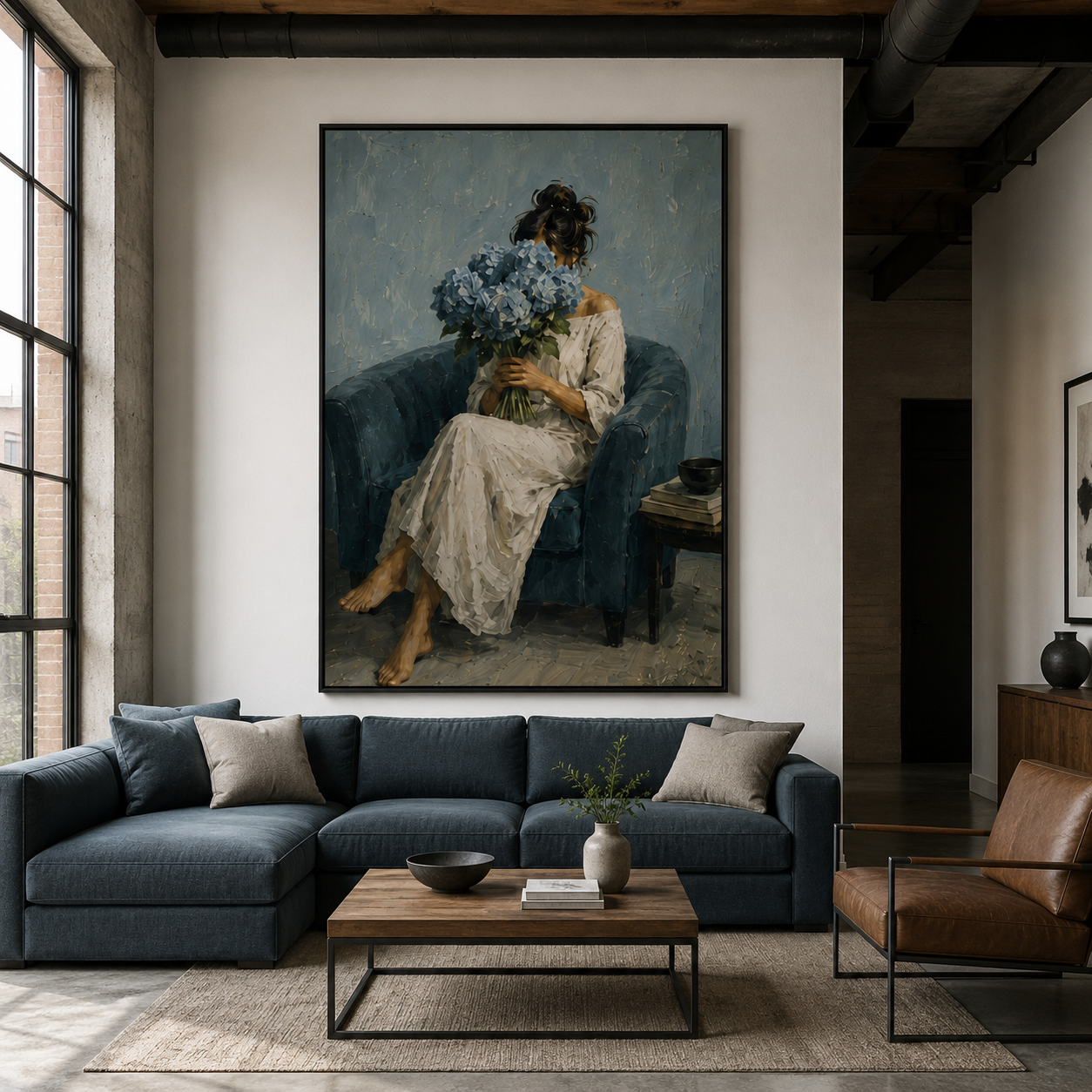 Hydrangea Reverie - Modern Blue Armchair & Floral Portrait Impasto Canvas