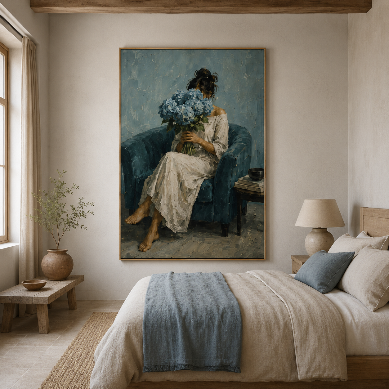 Hydrangea Reverie - Modern Blue Armchair & Floral Portrait Impasto Canvas