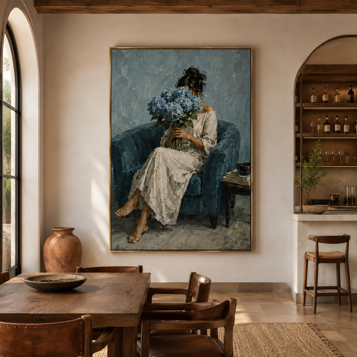 Hydrangea Reverie - Modern Blue Armchair & Floral Portrait Impasto Canvas