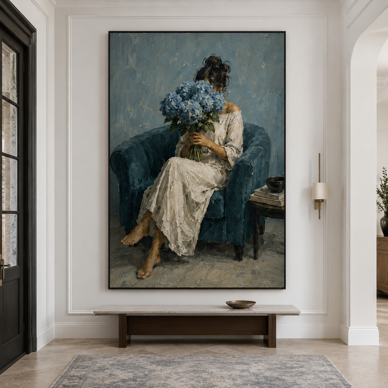 Hydrangea Reverie - Modern Blue Armchair & Floral Portrait Impasto Canvas