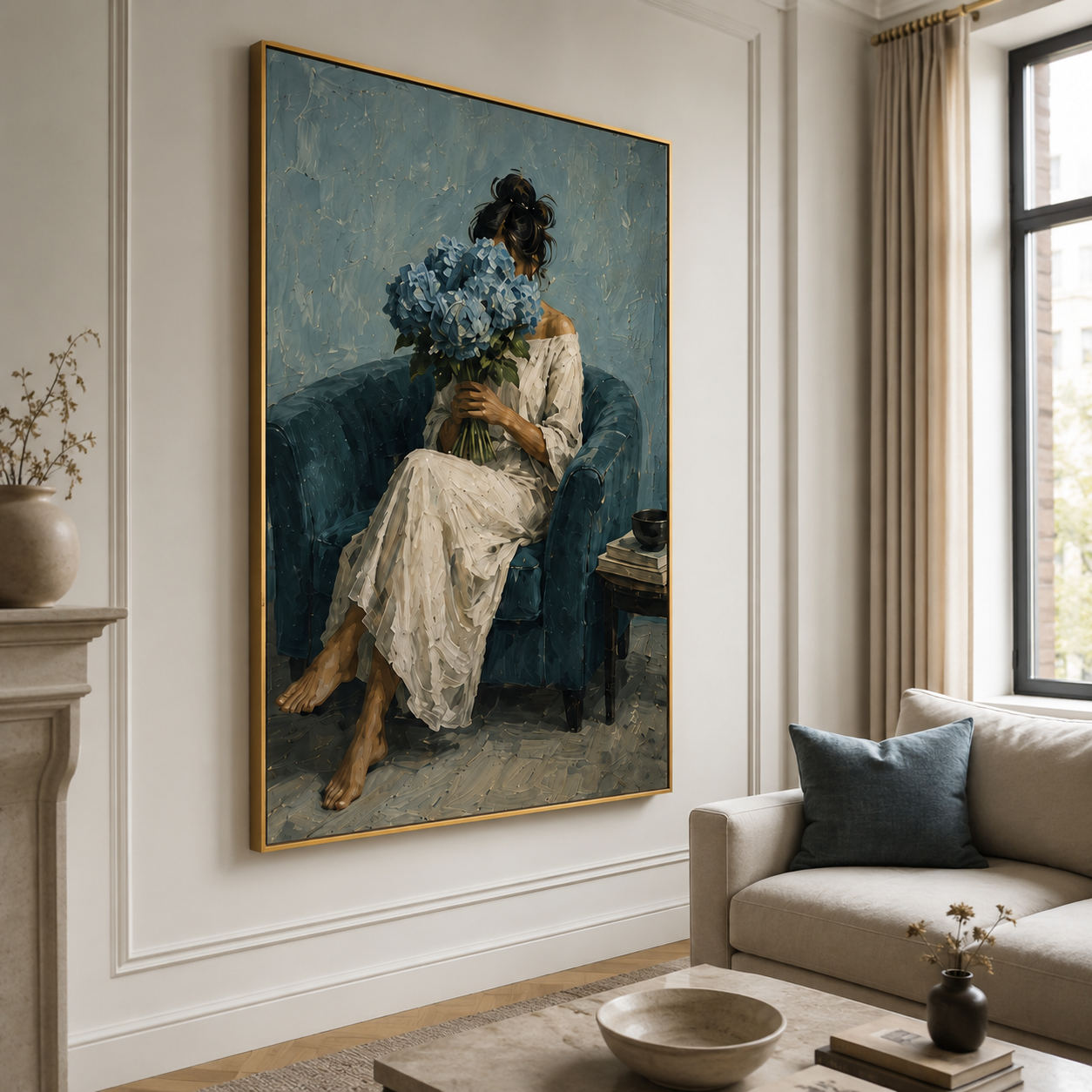 Hydrangea Reverie - Modern Blue Armchair & Floral Portrait Impasto Canvas