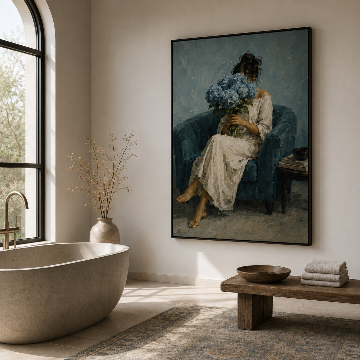 Hydrangea Reverie - Modern Blue Armchair & Floral Portrait Impasto Canvas