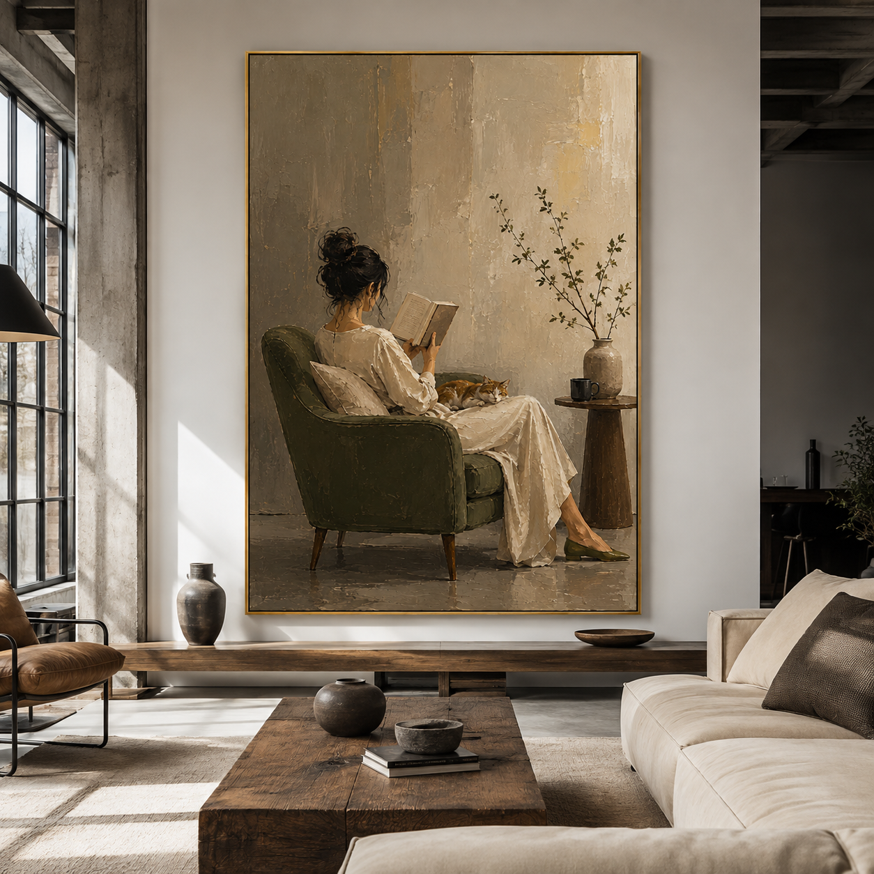 Quiet Sanctuary - Woman Reading with Sleeping Cat Impasto Canvas Wall Art