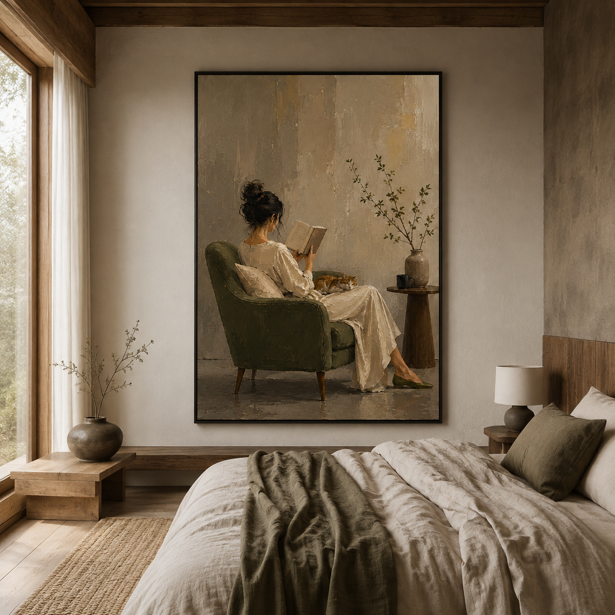 Quiet Sanctuary - Woman Reading with Sleeping Cat Impasto Canvas Wall Art
