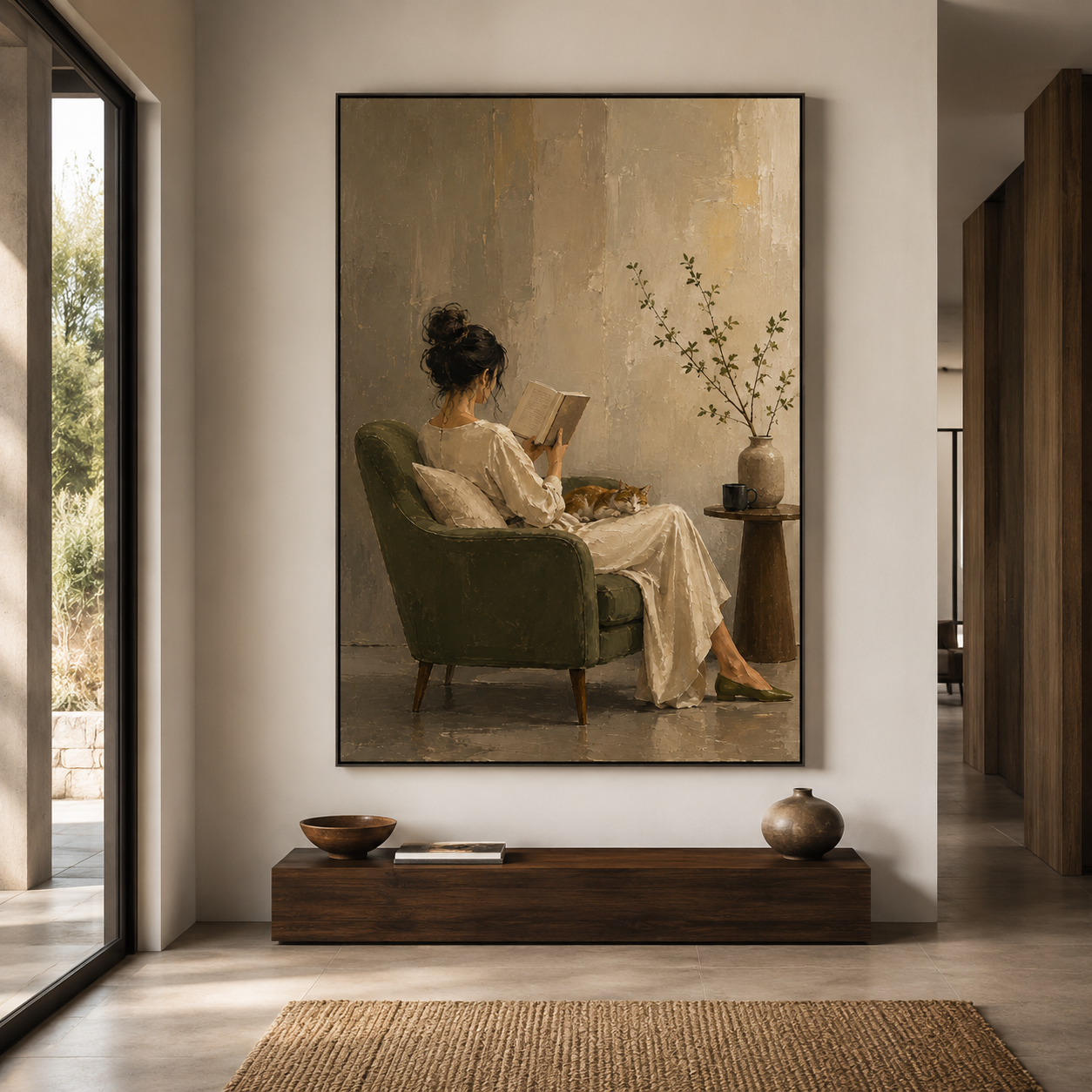 Quiet Sanctuary - Woman Reading with Sleeping Cat Impasto Canvas Wall Art