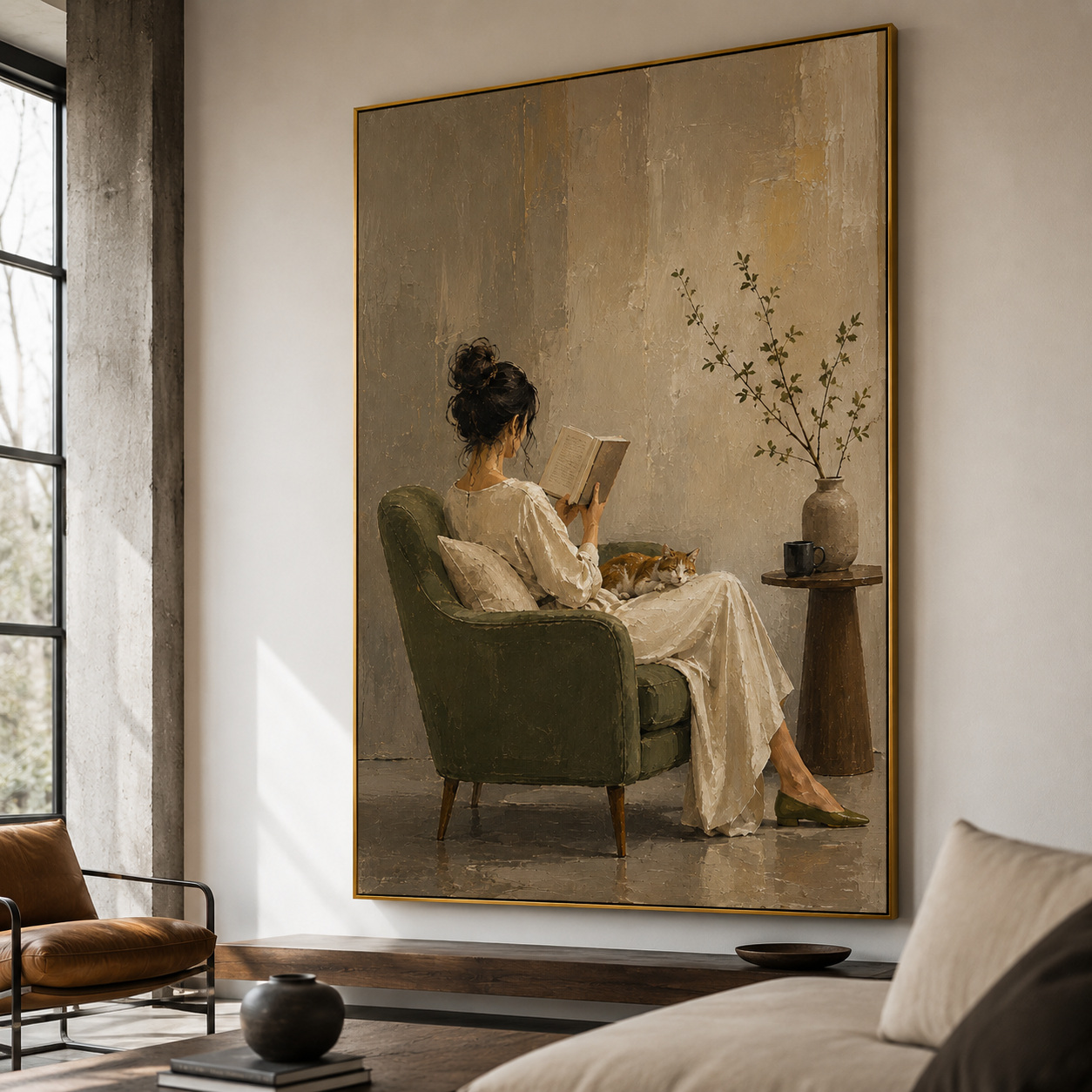 Quiet Sanctuary - Woman Reading with Sleeping Cat Impasto Canvas Wall Art