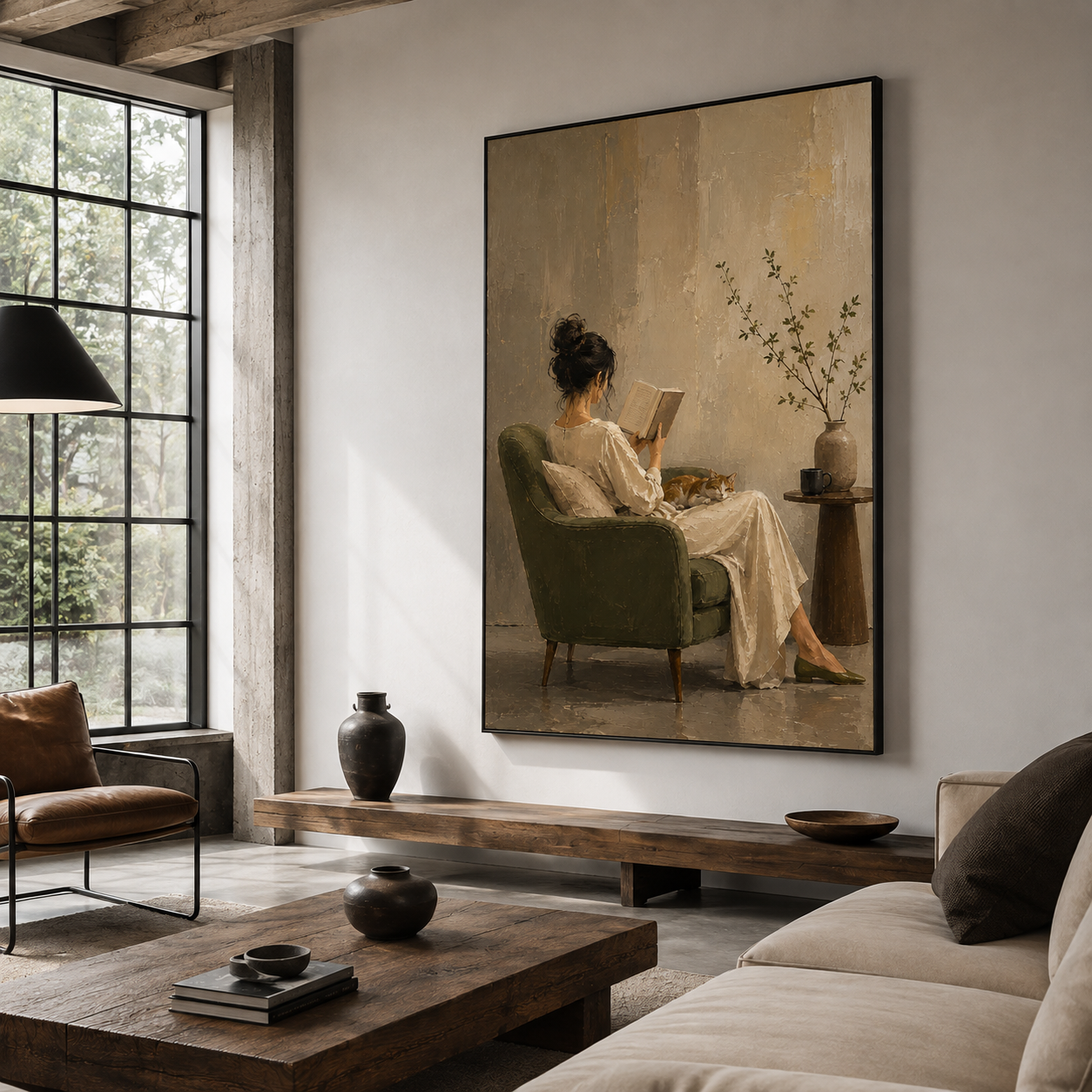 Quiet Sanctuary - Woman Reading with Sleeping Cat Impasto Canvas Wall Art