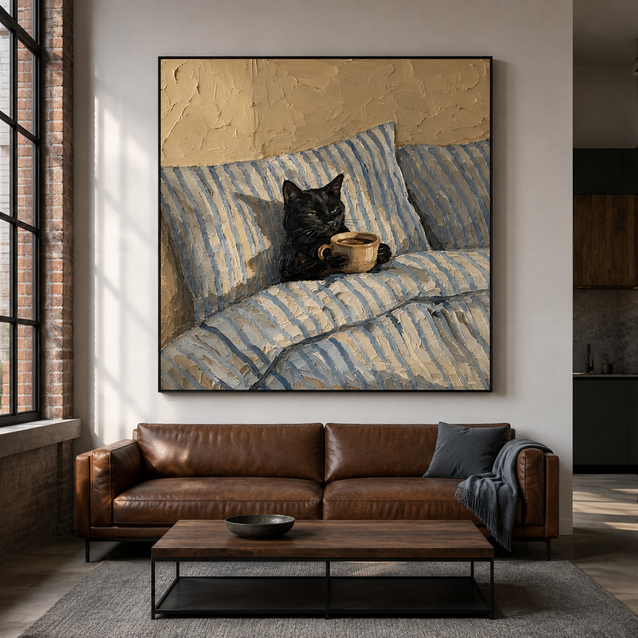 Morning Coffee Break - Black Cat in Bed Oil Painting