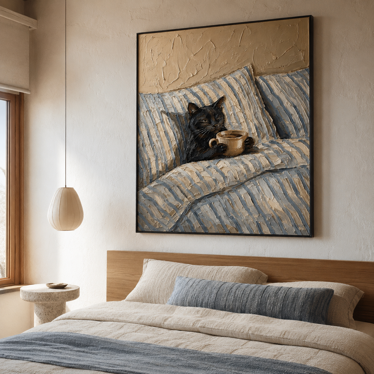 Morning Coffee Break - Black Cat in Bed Oil Painting