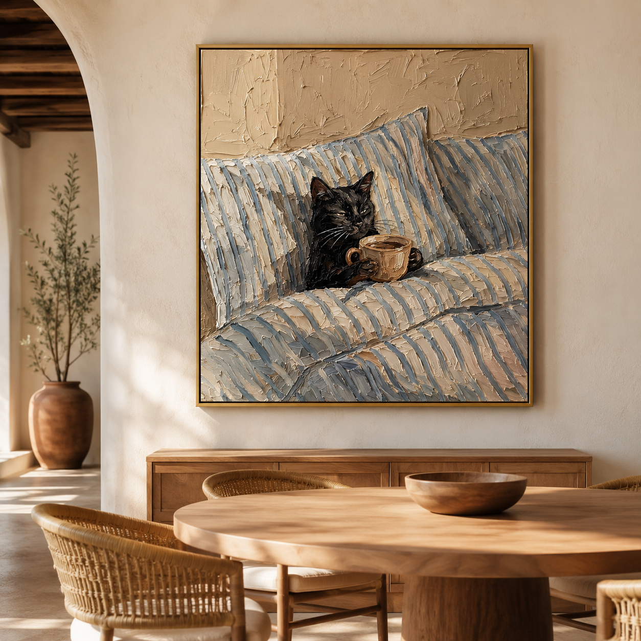 Morning Coffee Break - Black Cat in Bed Oil Painting