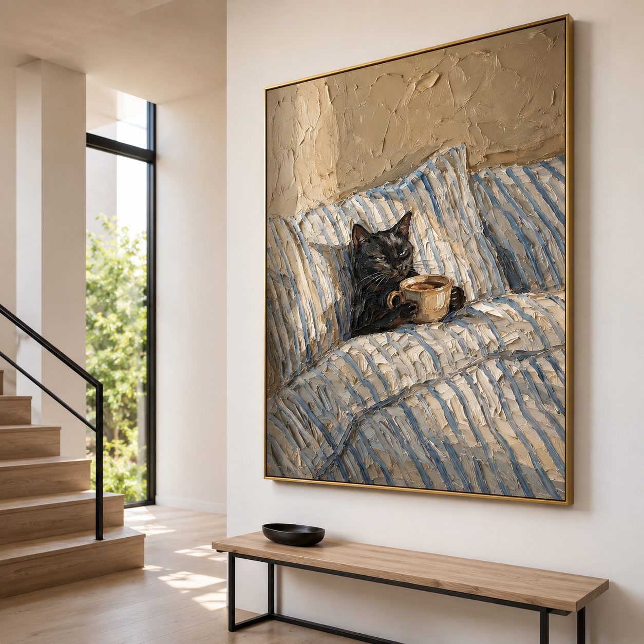 Morning Coffee Break - Black Cat in Bed Oil Painting