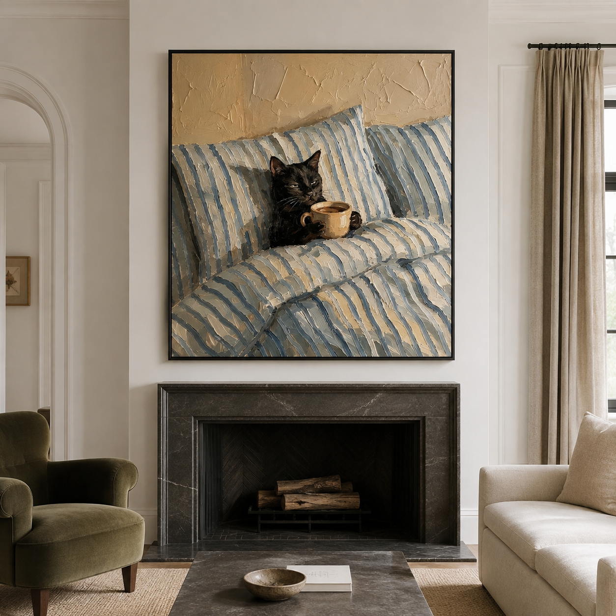 Morning Coffee Break - Black Cat in Bed Oil Painting