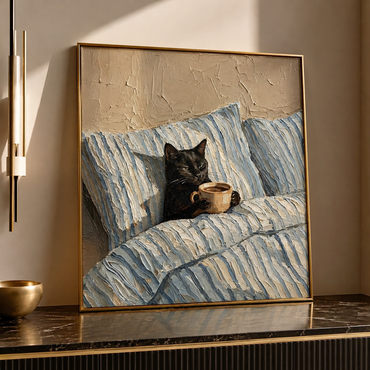 Morning Coffee Break - Black Cat in Bed Oil Painting