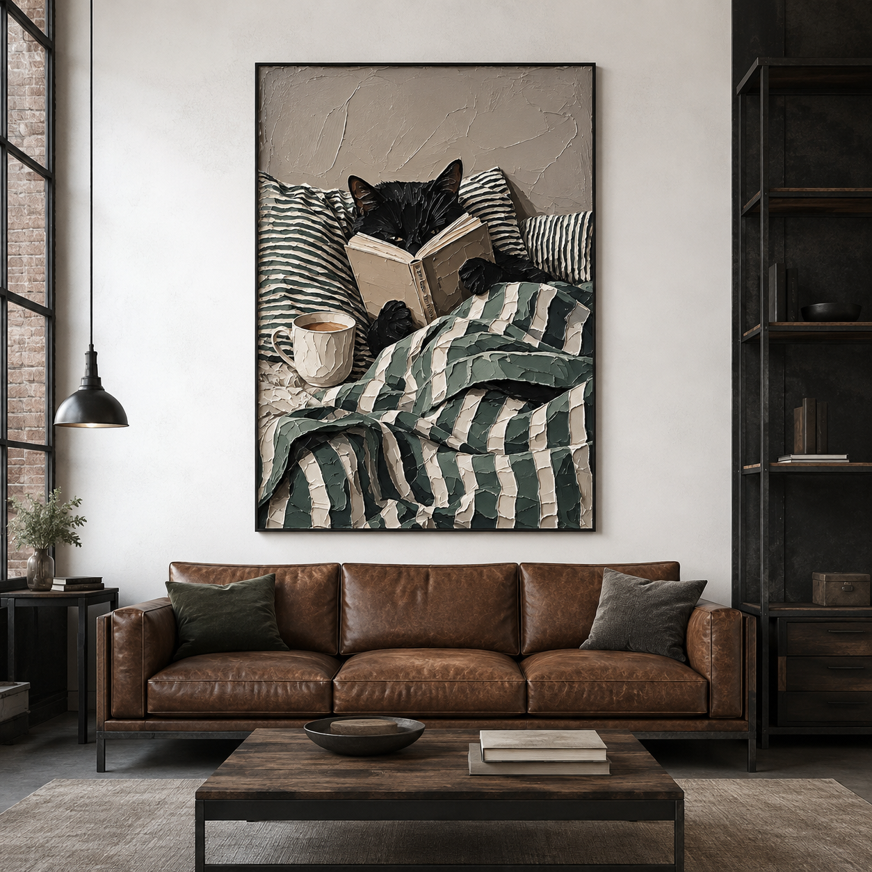 Cozy Nook Scholar - Black Cat Reading in Striped Blanket Textured Painting