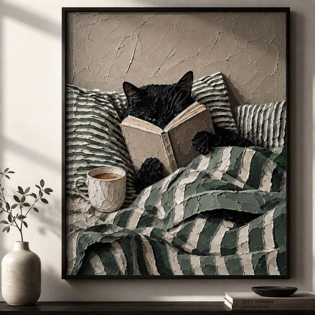 Cozy Nook Scholar - Black Cat Reading in Striped Blanket Textured Painting