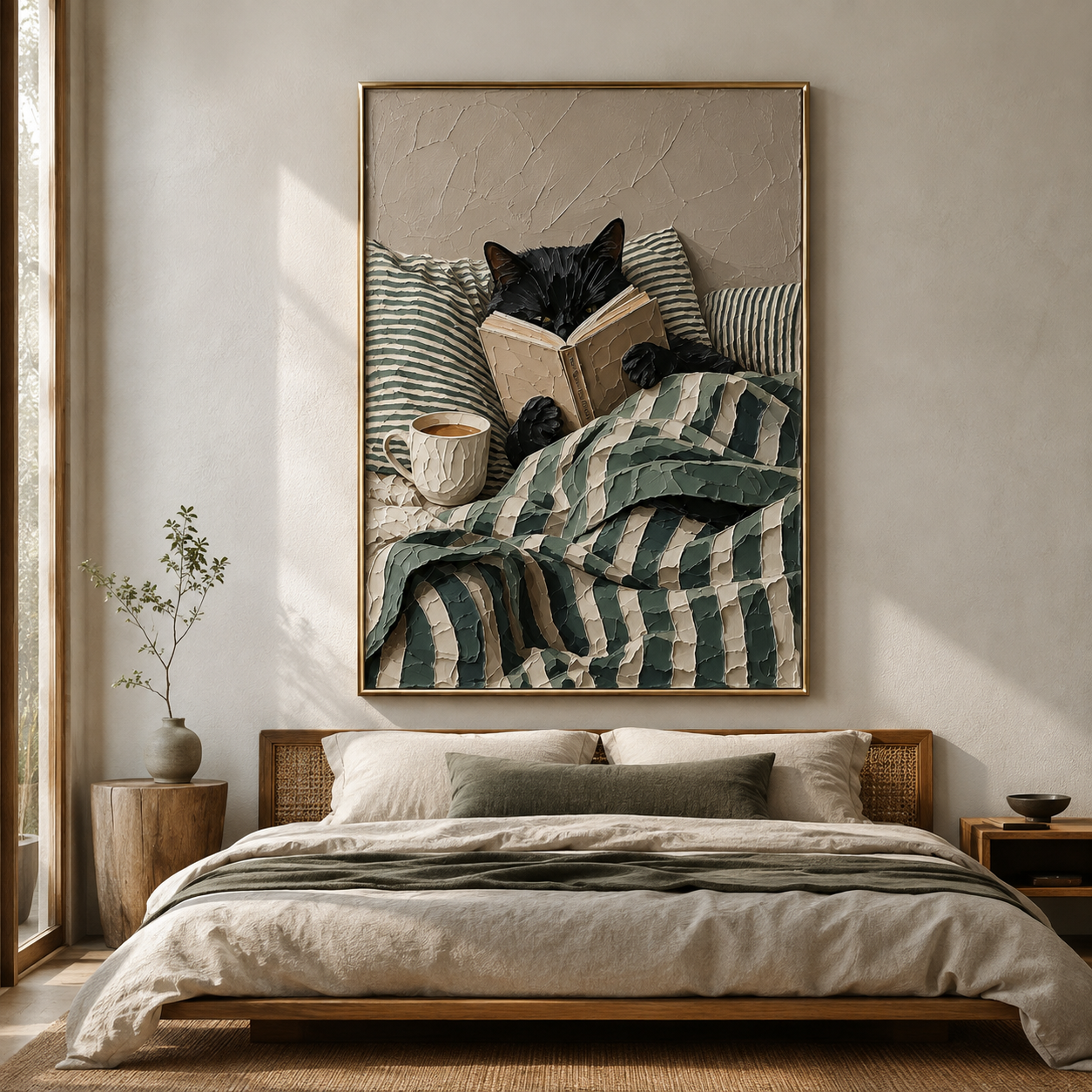 Cozy Nook Scholar - Black Cat Reading in Striped Blanket Textured Painting