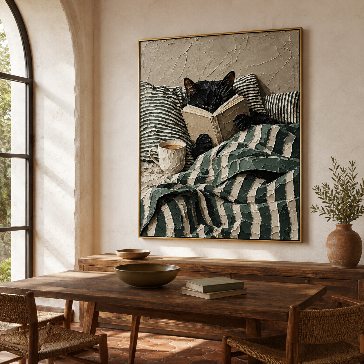 Cozy Nook Scholar - Black Cat Reading in Striped Blanket Textured Painting