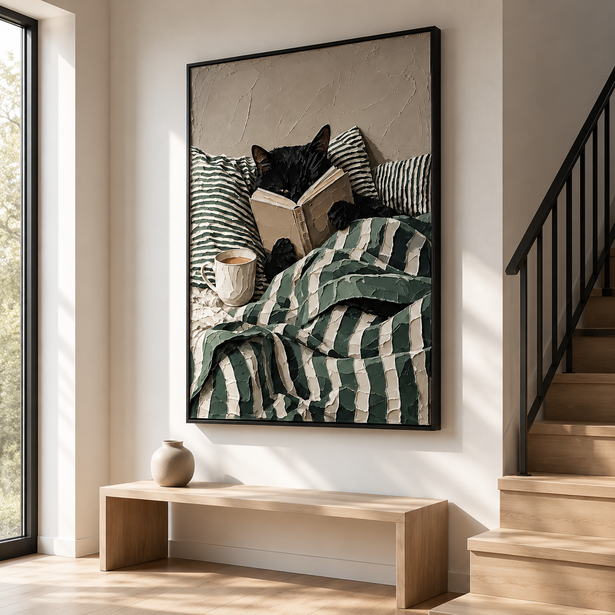 Cozy Nook Scholar - Black Cat Reading in Striped Blanket Textured Painting