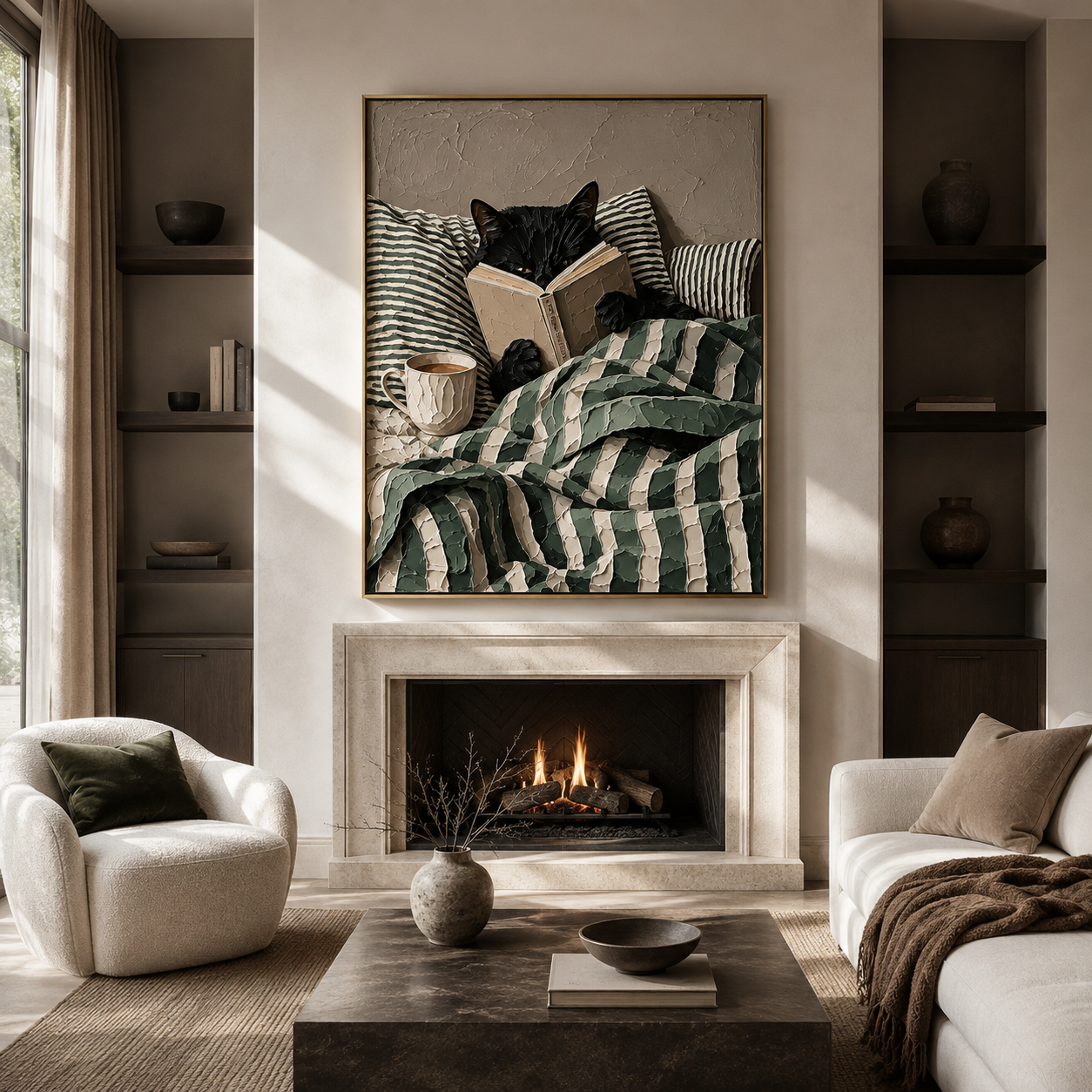 Cozy Nook Scholar - Black Cat Reading in Striped Blanket Textured Painting