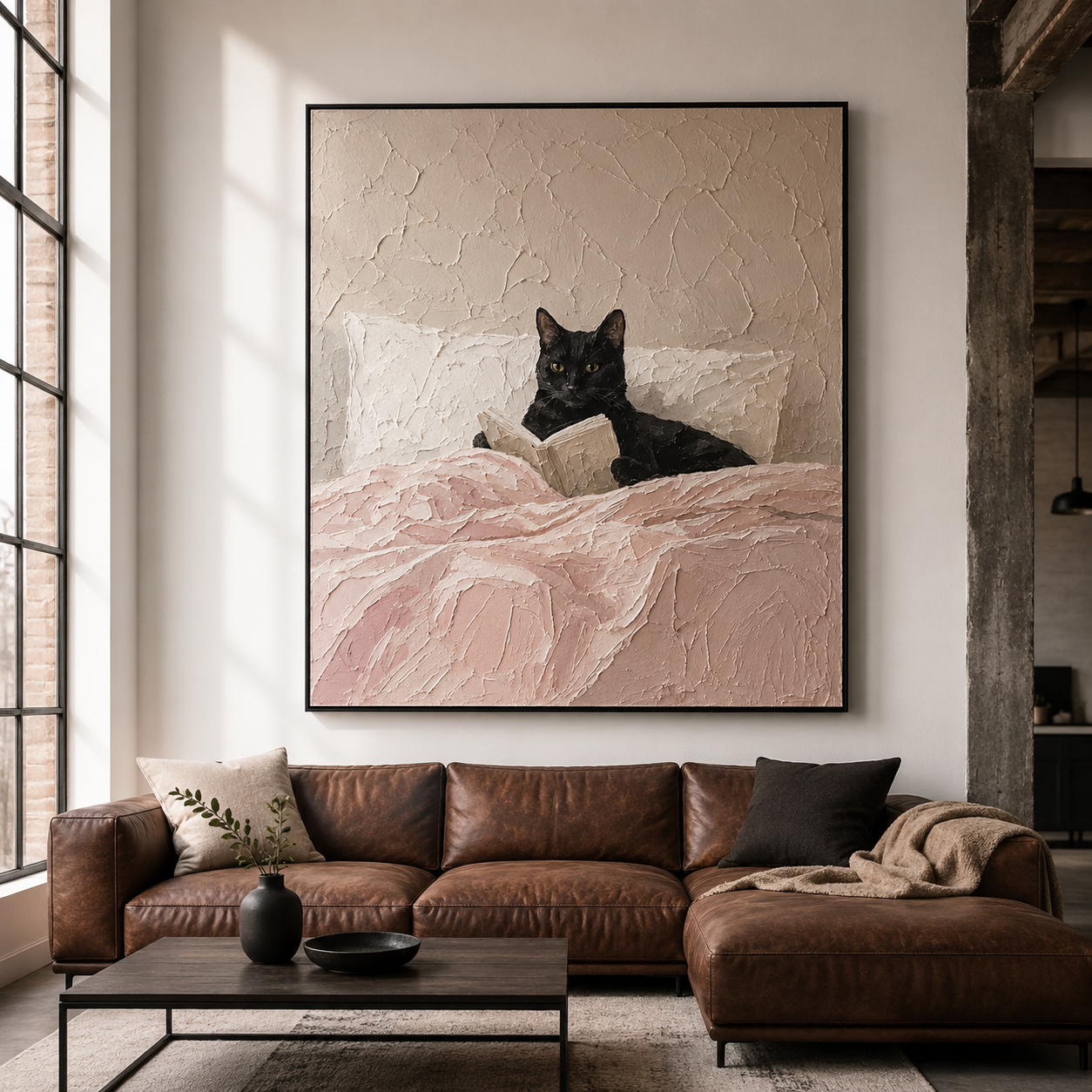 Black Cat Reading Book Canvas Print | Dusty Pink Cozy Wall Art
