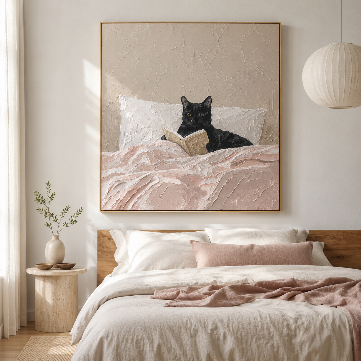 Black Cat Reading Book Canvas Print | Dusty Pink Cozy Wall Art