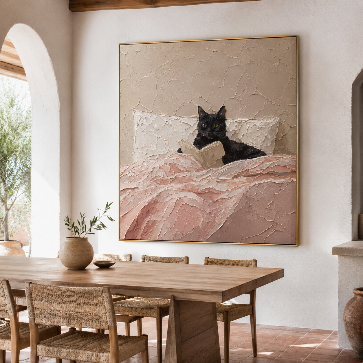 Black Cat Reading Book Canvas Print | Dusty Pink Cozy Wall Art