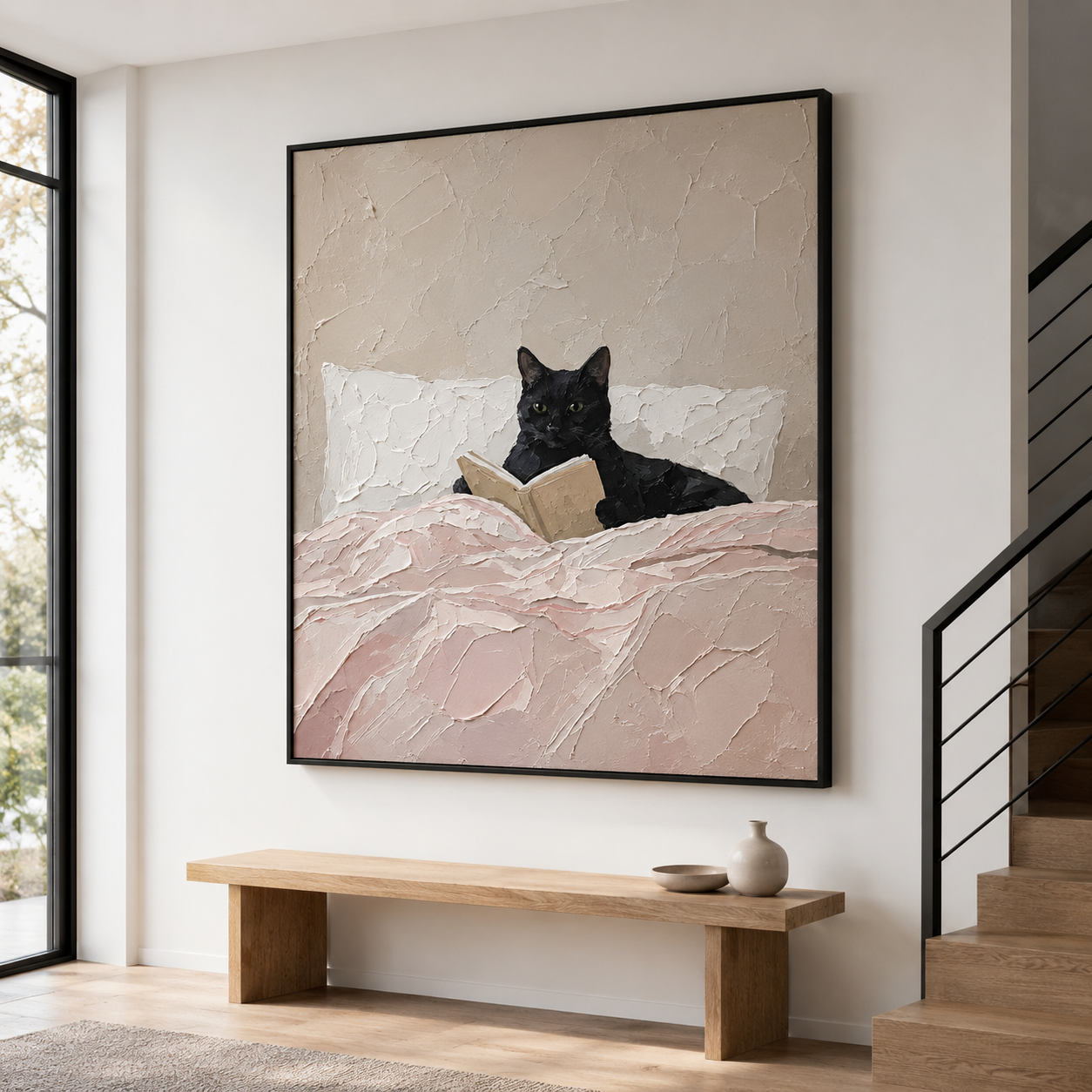 Black Cat Reading Book Canvas Print | Dusty Pink Cozy Wall Art