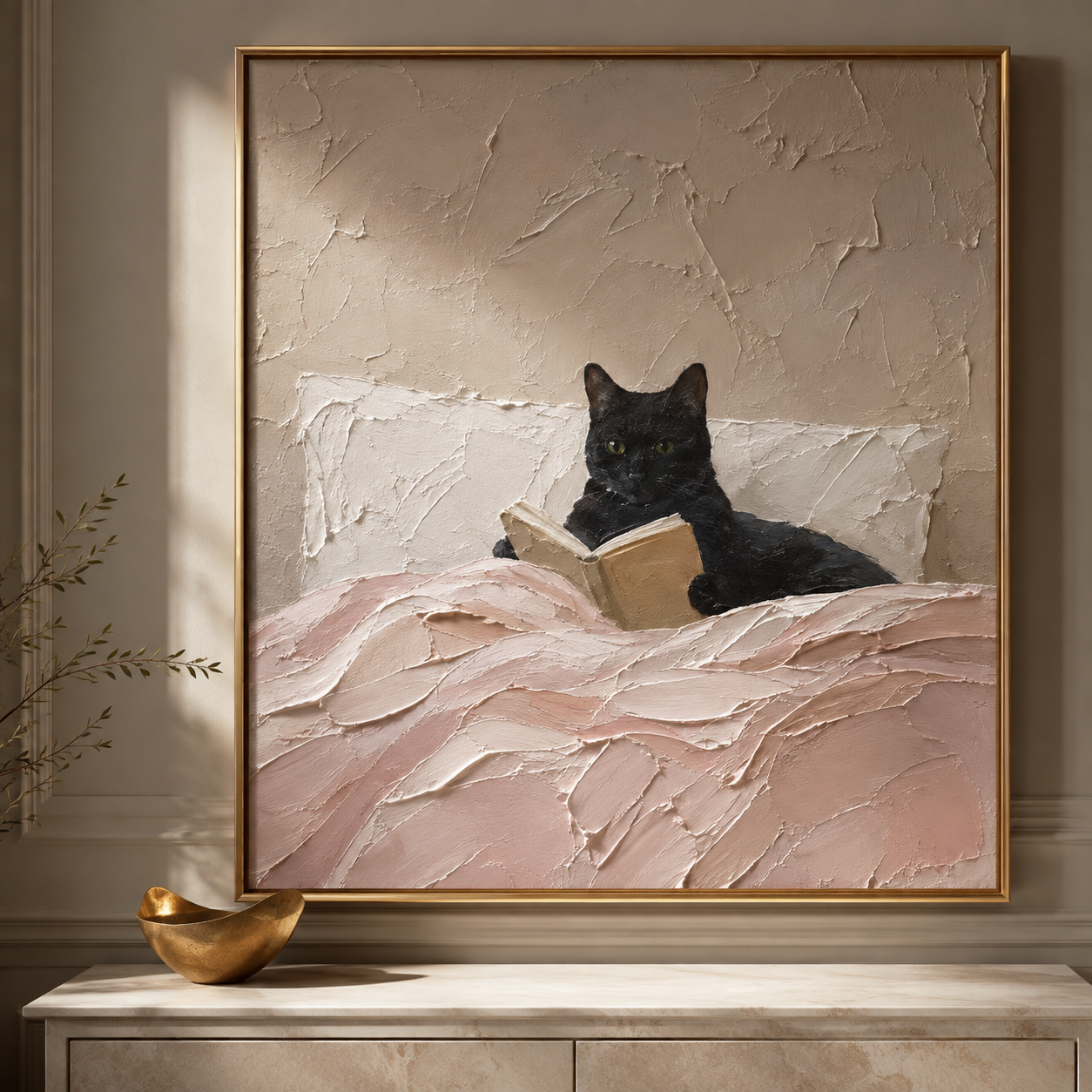 Black Cat Reading Book Canvas Print | Dusty Pink Cozy Wall Art