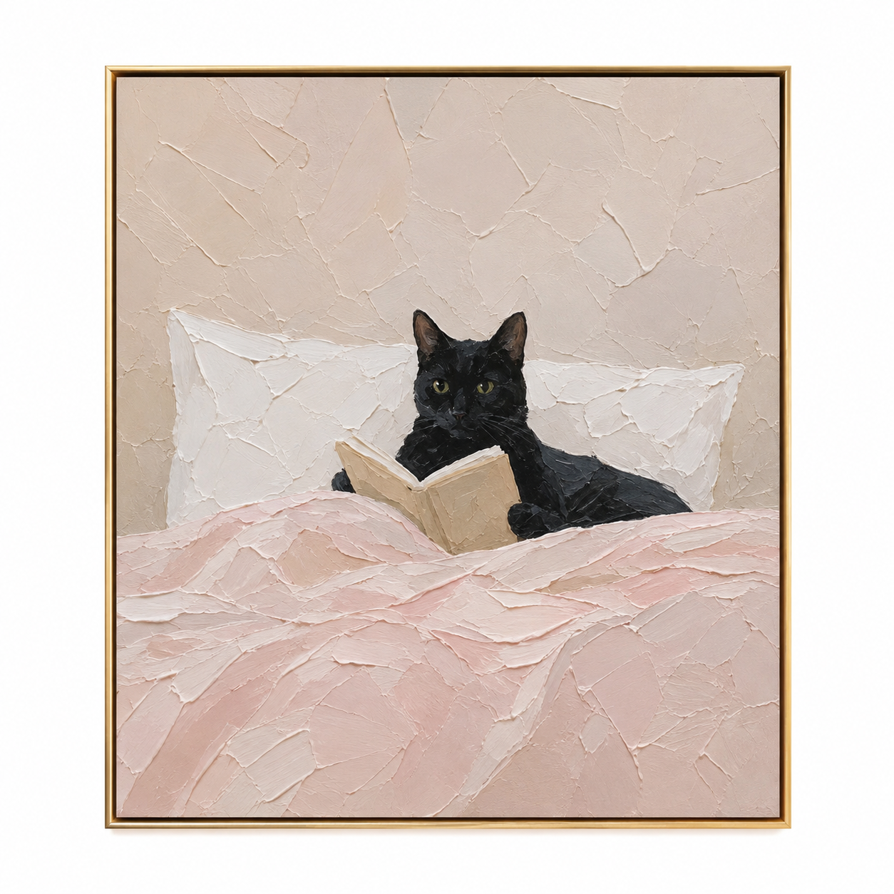 Black Cat Reading Book Canvas Print | Dusty Pink Cozy Wall Art