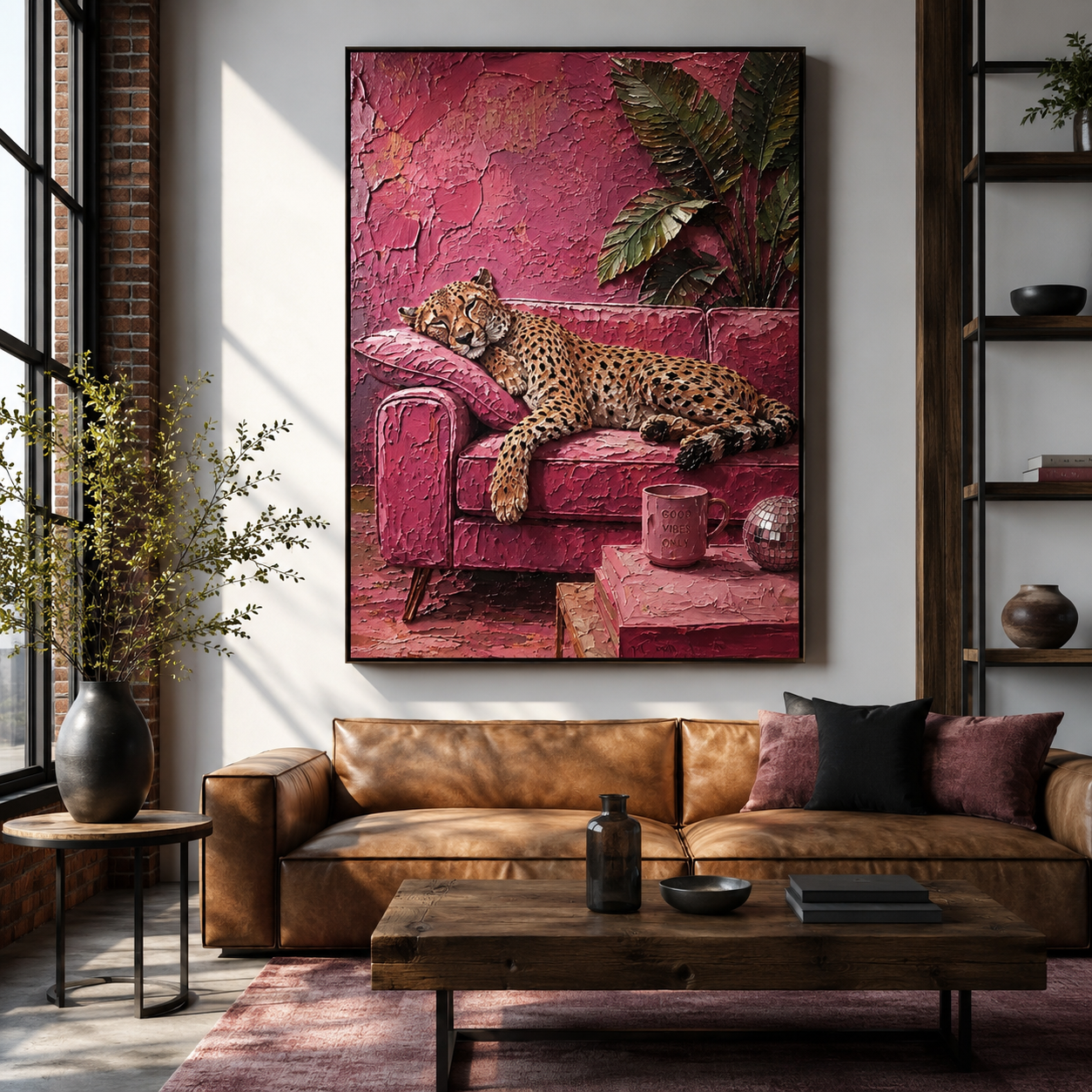 Cozy Pink Nest - Cheetah Napping with Coffee Painting