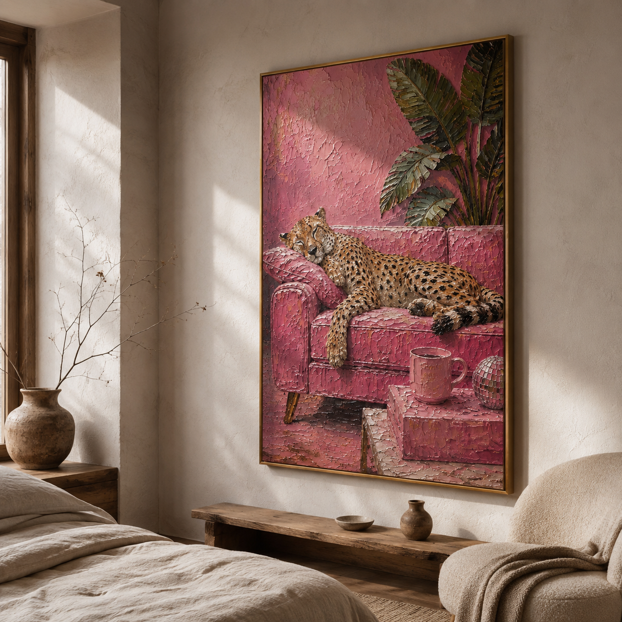 Cozy Pink Nest - Cheetah Napping with Coffee Painting