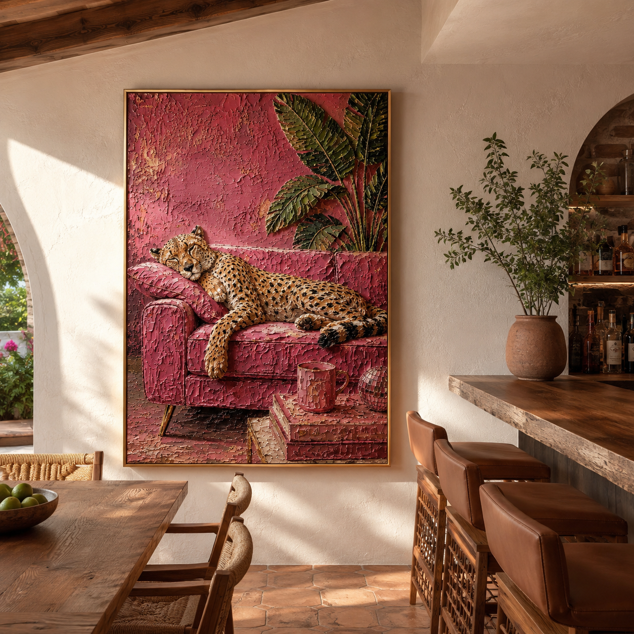 Cozy Pink Nest - Cheetah Napping with Coffee Painting