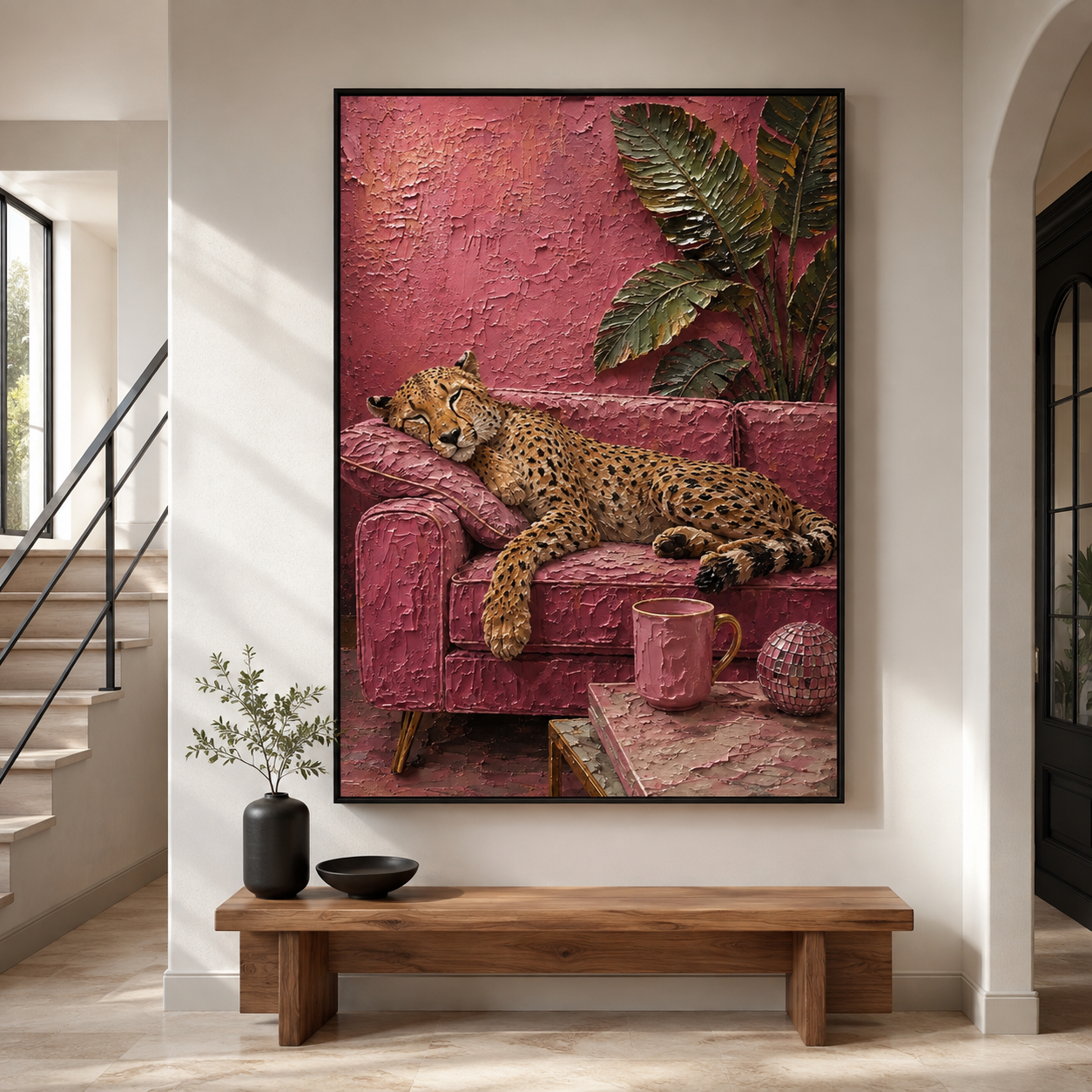 Cozy Pink Nest - Cheetah Napping with Coffee Painting