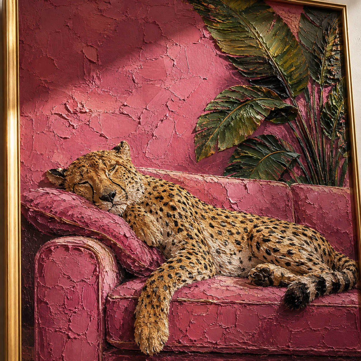 Cozy Pink Nest - Cheetah Napping with Coffee Painting