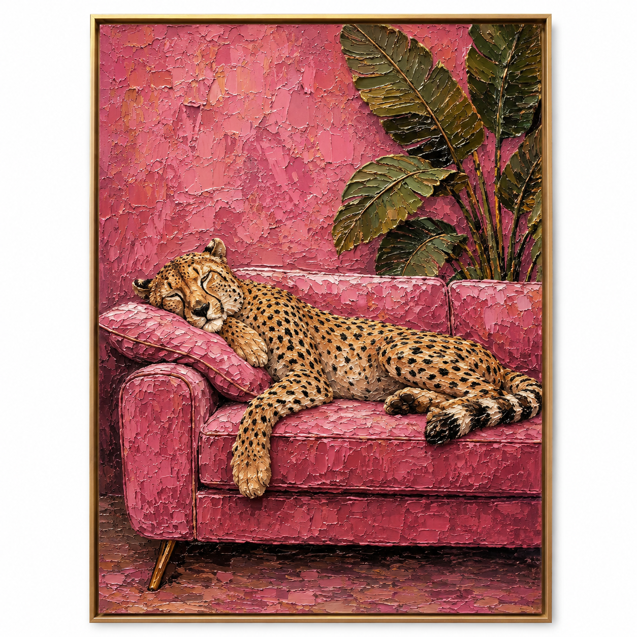 Cozy Pink Nest - Cheetah Napping with Coffee Painting