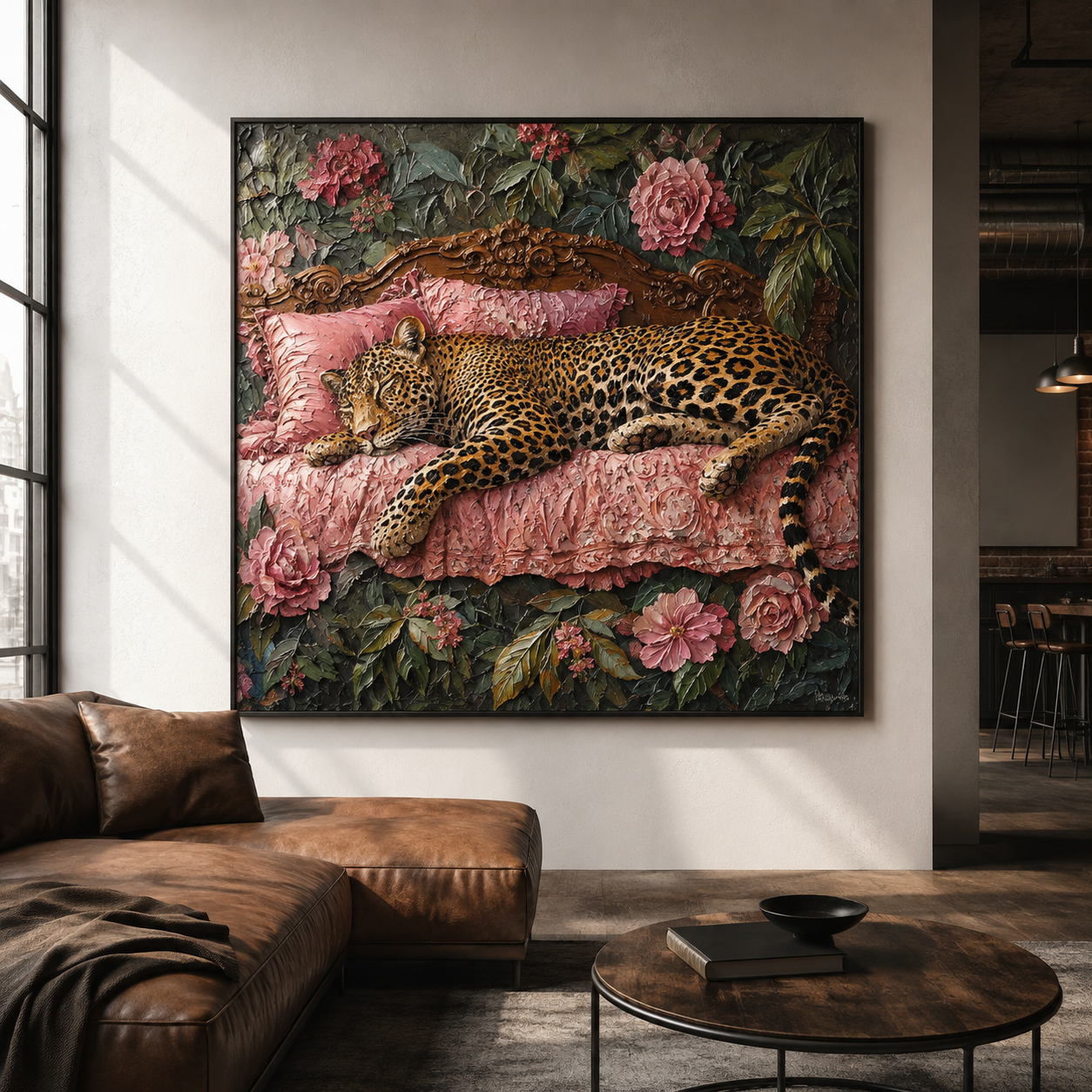 Floral Bed - Leopard Napping in Rose Garden Painting