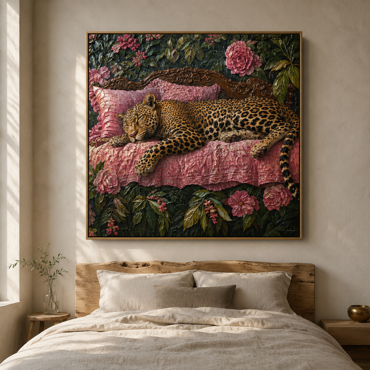 Floral Bed - Leopard Napping in Rose Garden Painting