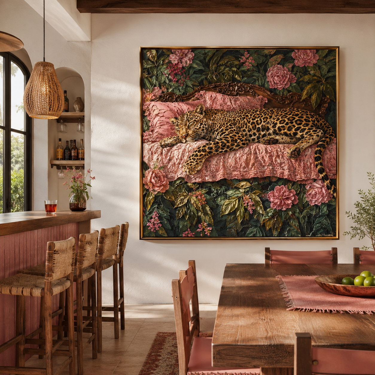 Floral Bed - Leopard Napping in Rose Garden Painting
