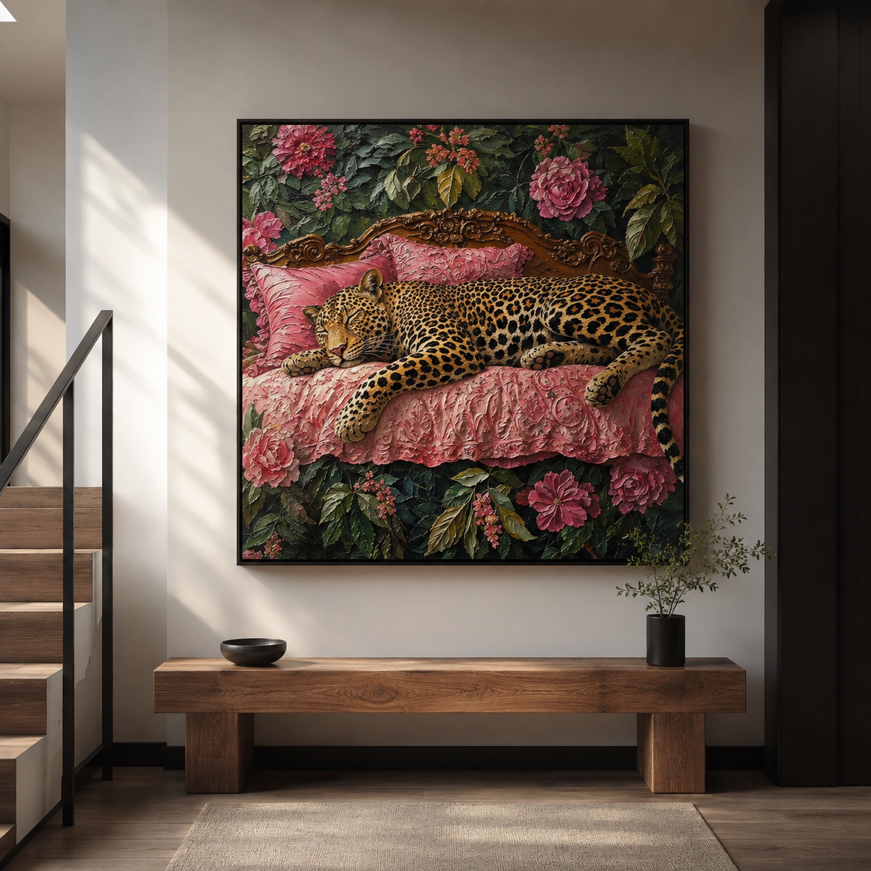 Floral Bed - Leopard Napping in Rose Garden Painting