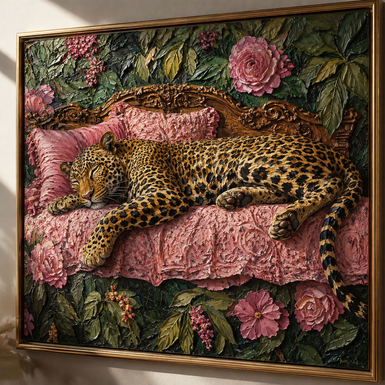 Floral Bed - Leopard Napping in Rose Garden Painting