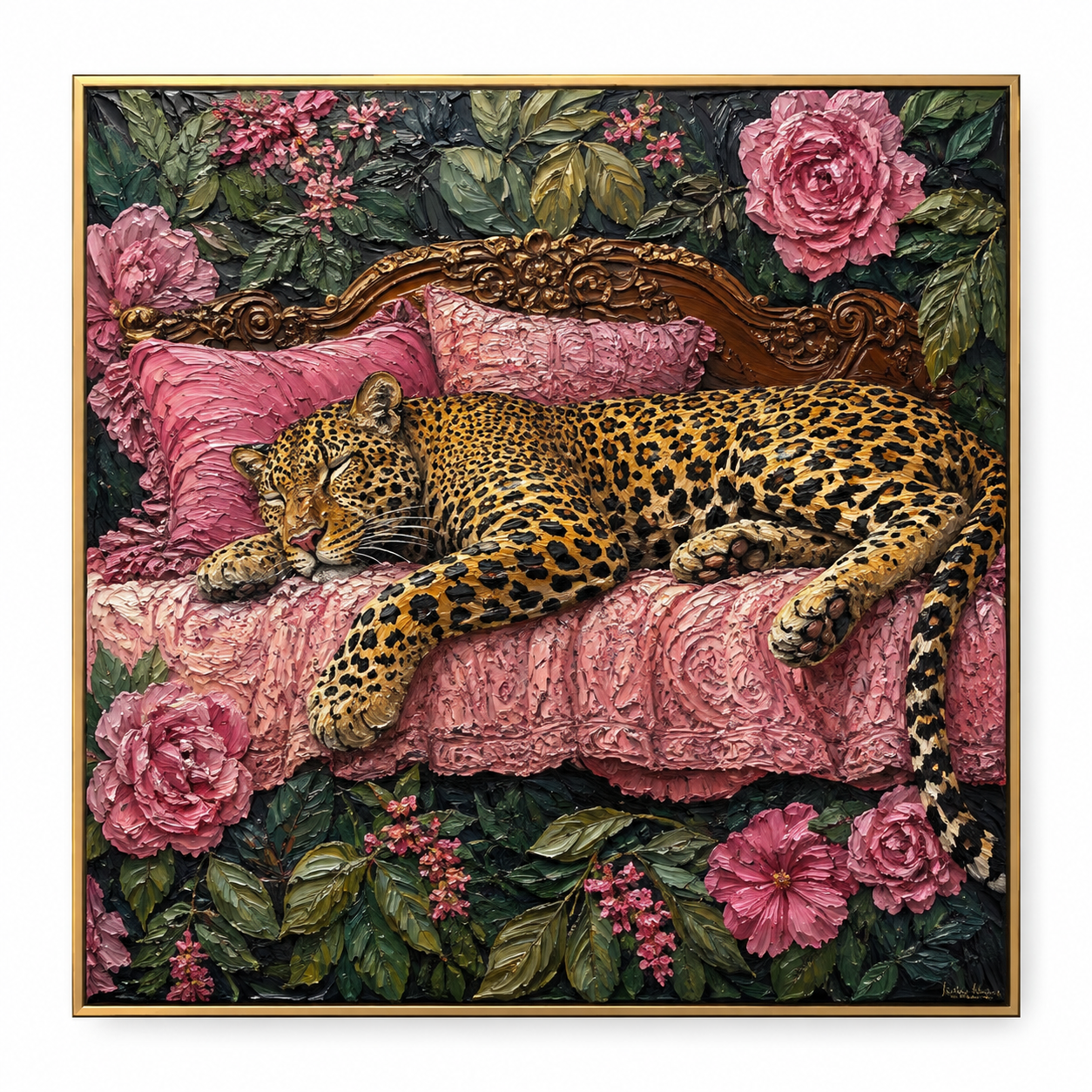 Floral Bed - Leopard Napping in Rose Garden Painting