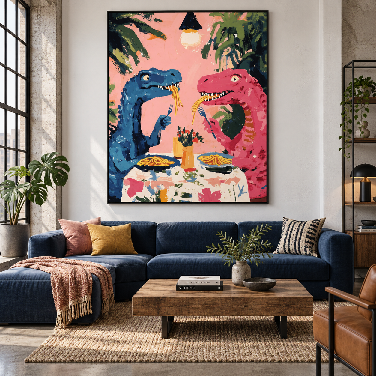 Lovers' Pasta Date - Whimsical Pink Dinosaur Art Canvas