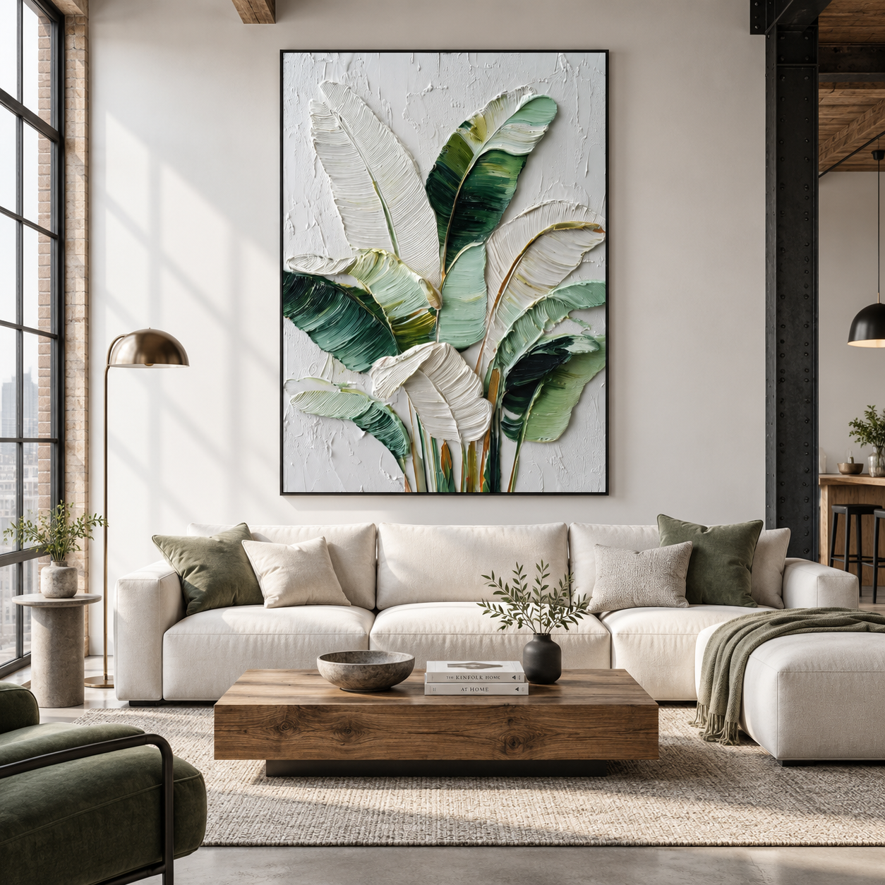 Tropical Relief - Green & White Palm Leaves Heavy Impasto Canvas Art