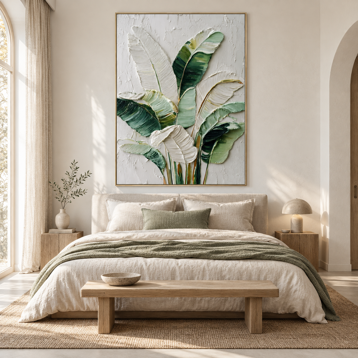 Tropical Relief - Green & White Palm Leaves Heavy Impasto Canvas Art