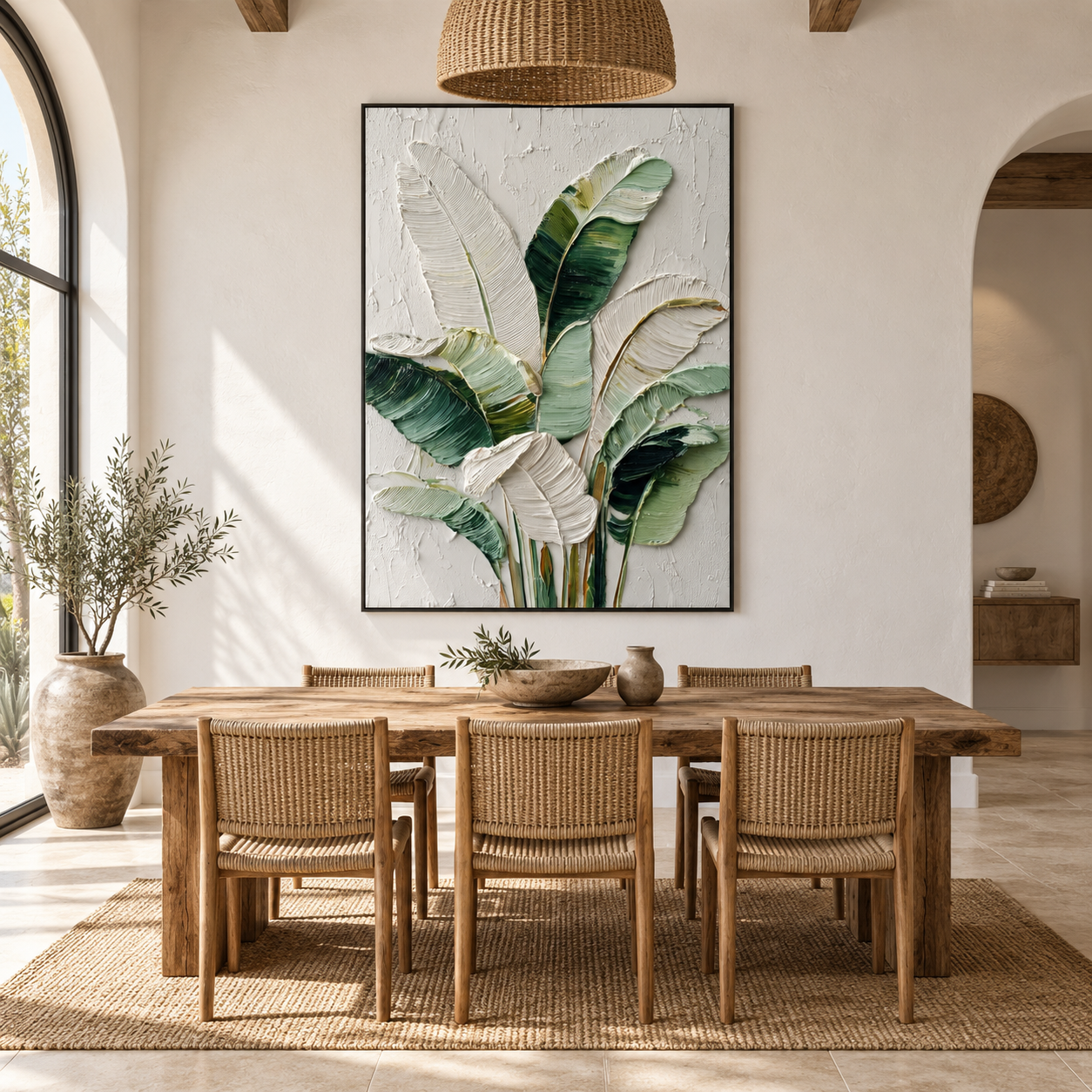 Tropical Relief - Green & White Palm Leaves Heavy Impasto Canvas Art