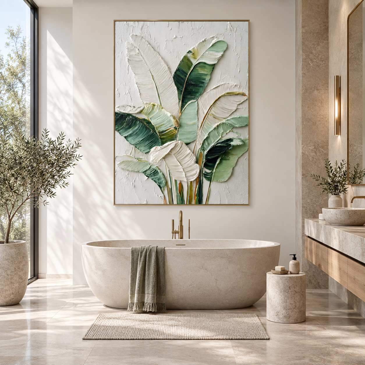 Tropical Relief - Green & White Palm Leaves Heavy Impasto Canvas Art